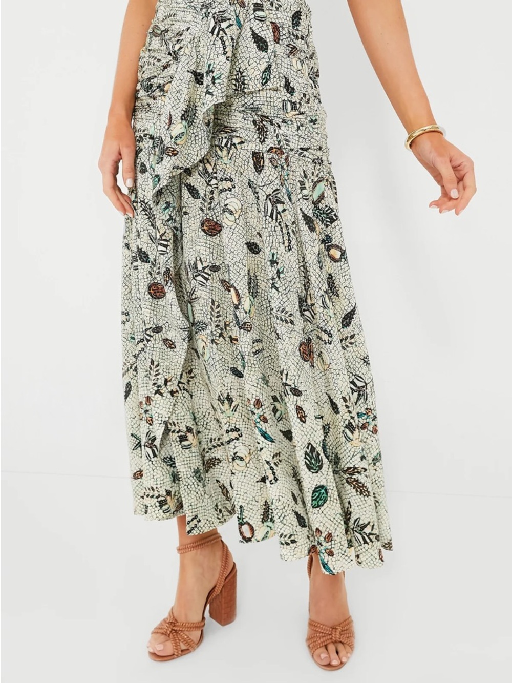 Ulla Johnson Cream Floral Maxi Skirt with Teal & Brown Motif